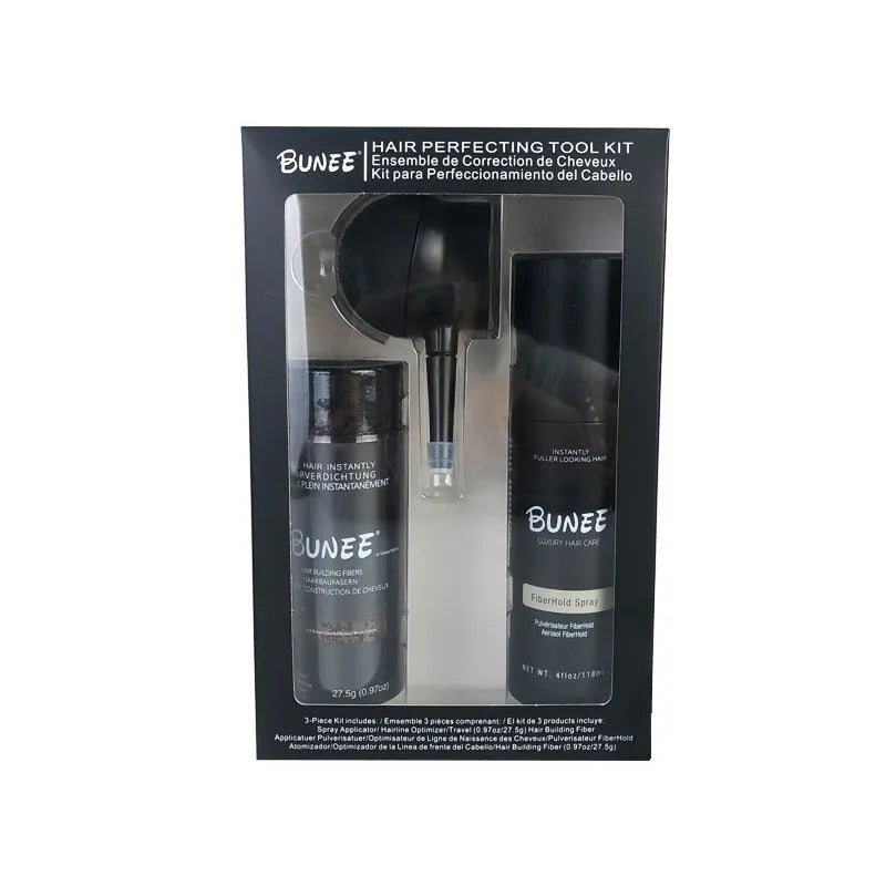 Box of dense hair fibre powder 275g with shaping spray and applicator nozzle for thinning hair coverage