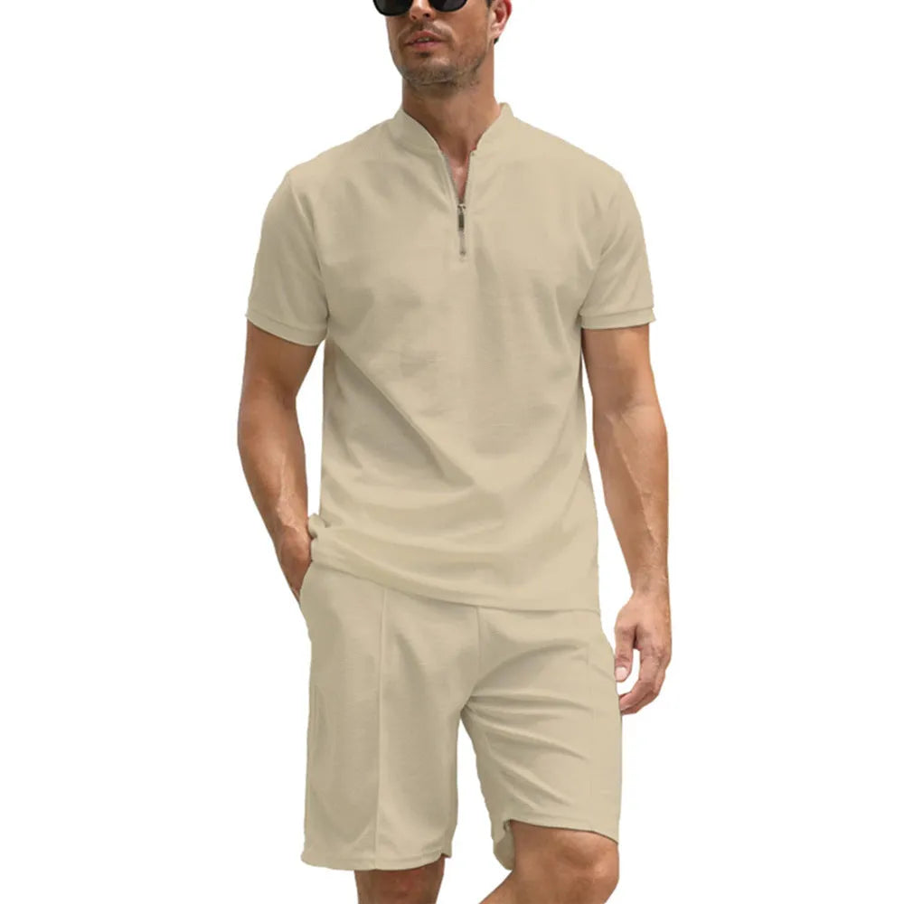 Men's solid colour polyester polo shirt two-piece suit set with matching trousers