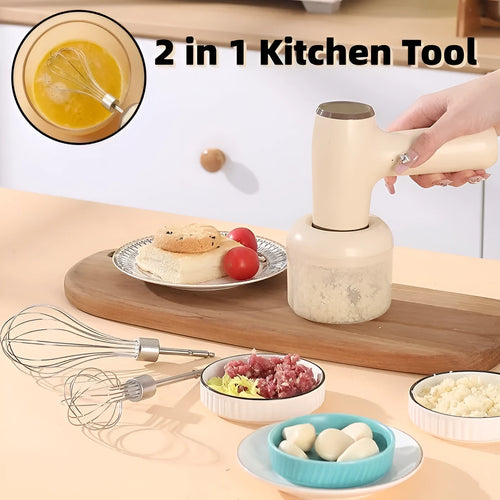 Beige electric garlic chopper with USB charging cable, 250ml cup, and stainless steel blade on kitchen counter