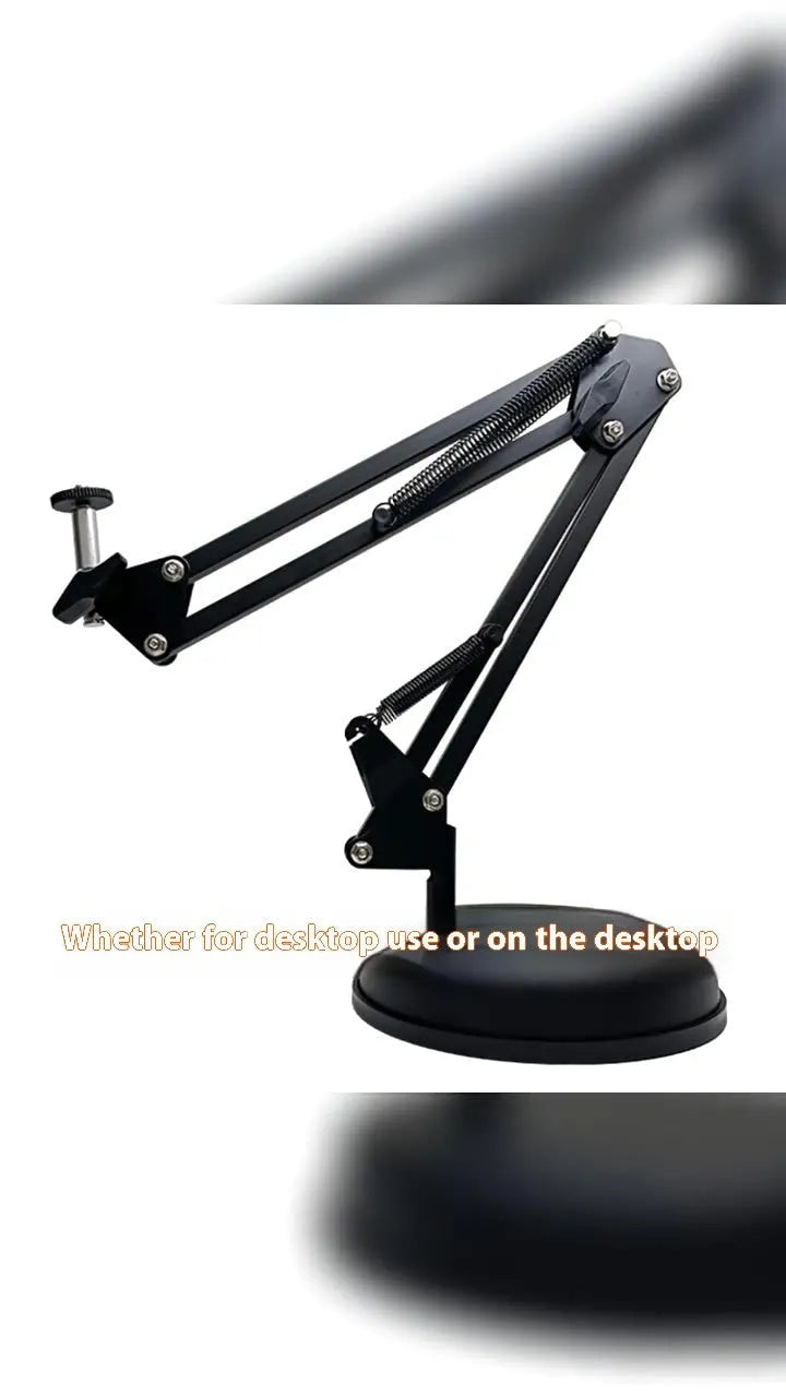 Black foldable metal desktop cantilever bracket holding a tablet, showing adjustable arms and clamping mechanism.