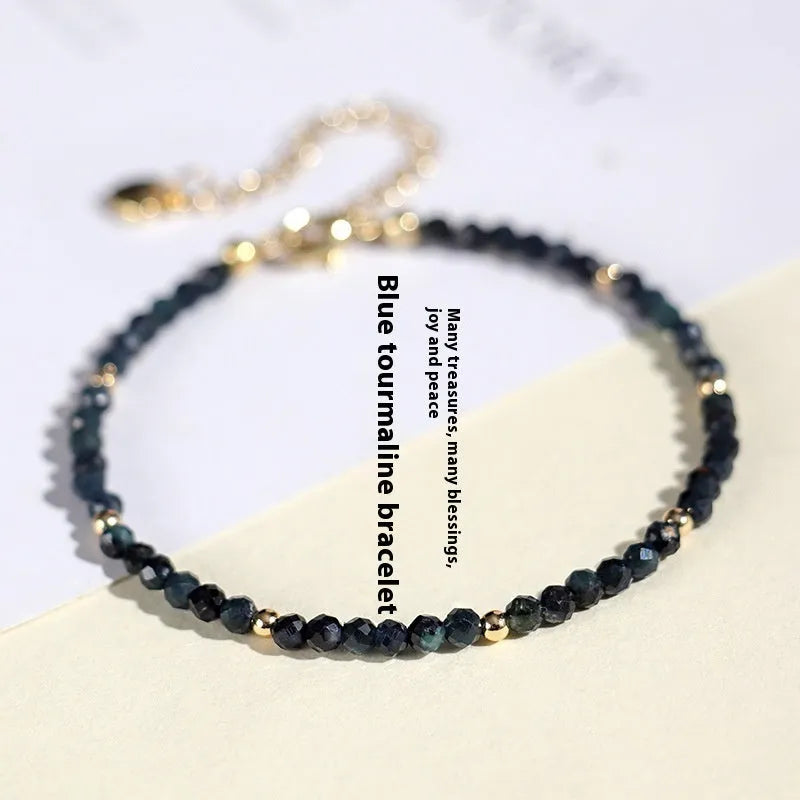 3mm blue tourmaline beaded bracelet with spacer bead design for women