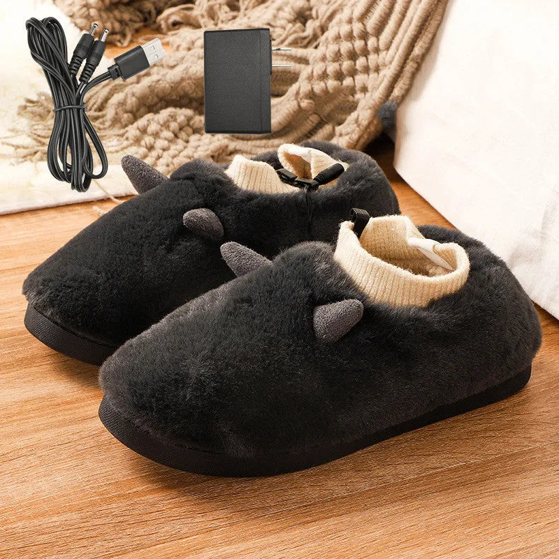 USB electric heating slippers in black, grey, matcha green, and taro colours with a USB cable.