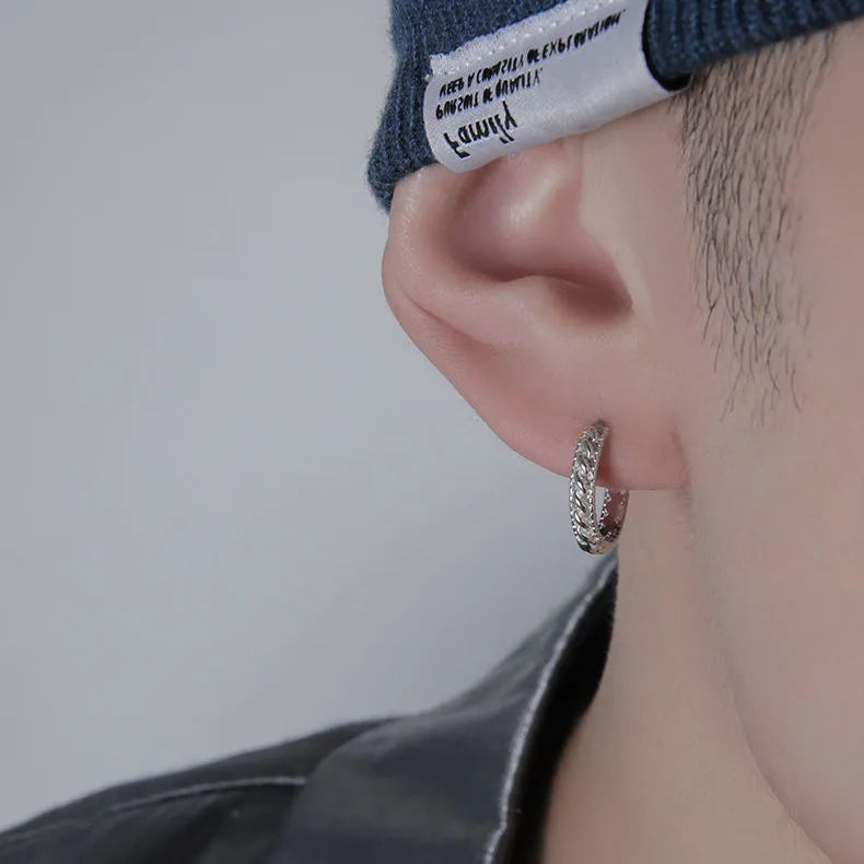 Men's geometric copper hip hop earrings in silver finish, showing 10mm and 14mm size options.