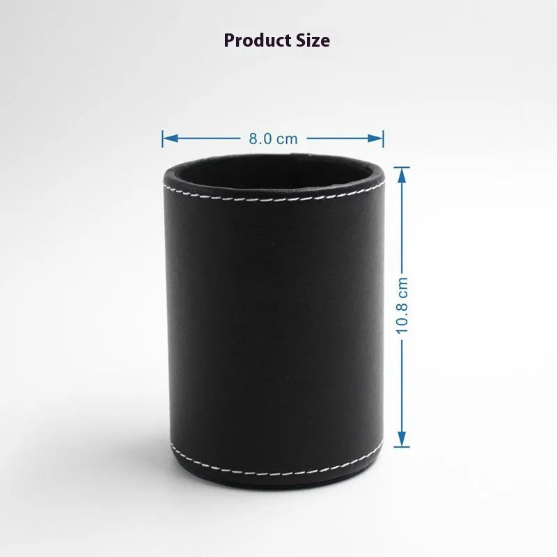 Round black leather pen holder showing 8cm diameter and 10.8cm height dimensions