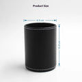Round black leather pen holder showing 8cm diameter and 10.8cm height dimensions