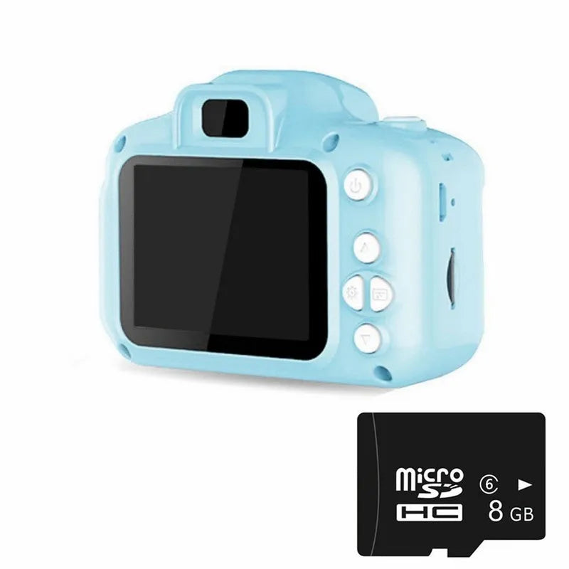 Children's HD digital waterproof camera in blue, showing 2.3 inch LCD screen and compact 80x60mm body