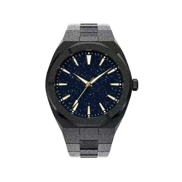 Men's frosted stainless steel business watch with luminous markers on black strap.