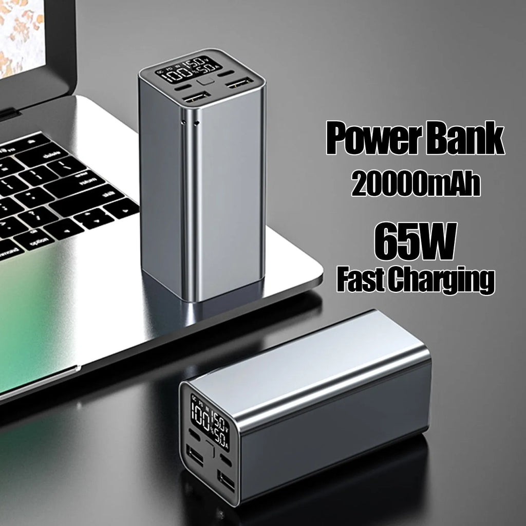 65W metal power bank in black, blue, or grey, showing size scale and USB-C port.