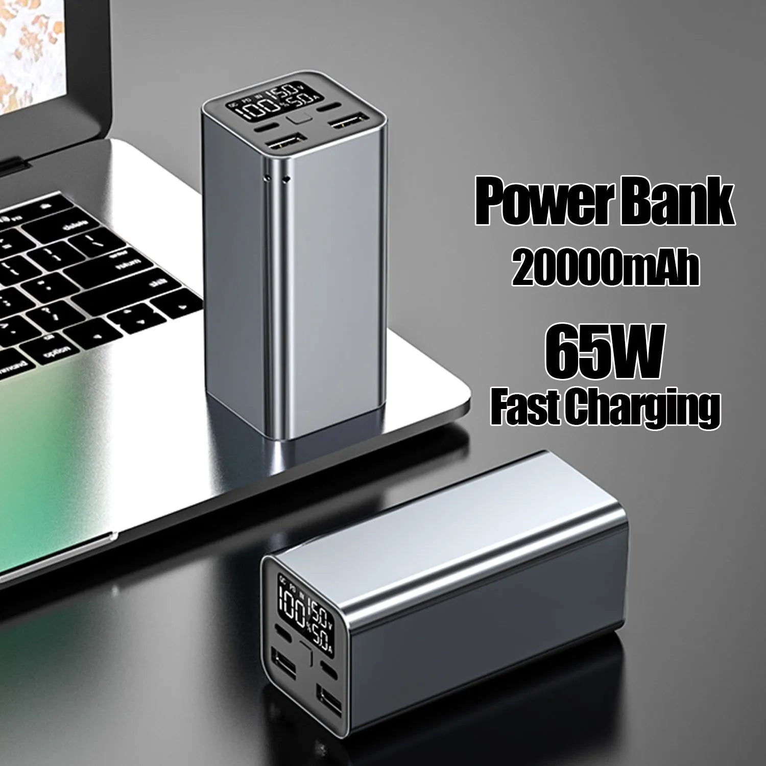 65W metal power bank in black, blue, or grey, showing size scale and USB-C port.