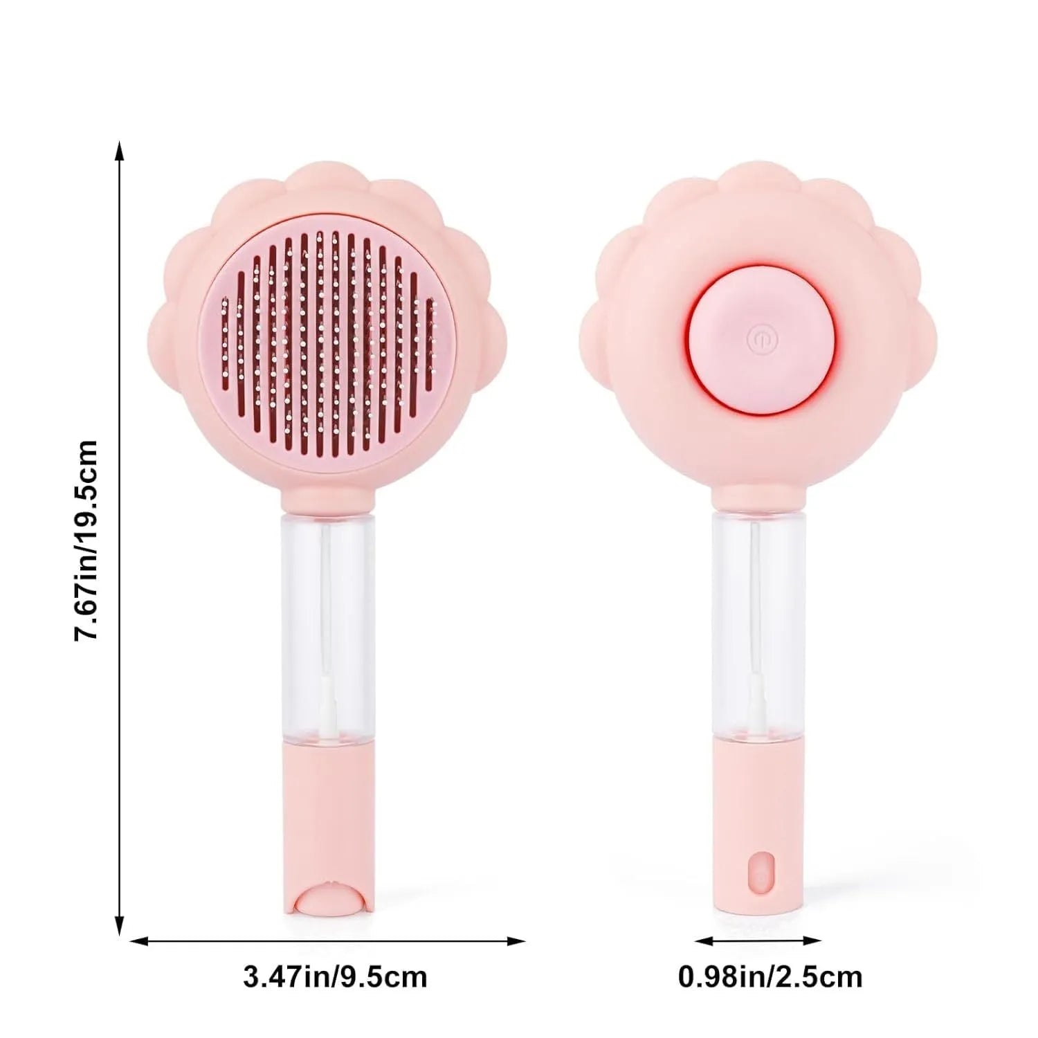 Grey spray cat grooming brush with release button and stainless steel bristles on a white background