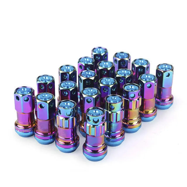 Set of flat head aluminium alloy wheel nuts in red, gold, blue, purple, and black colour variants.