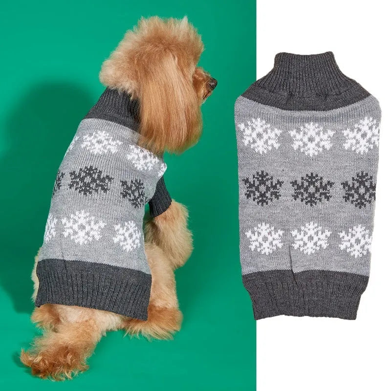 Brown and grey dog Christmas sweater with snowflake pattern, acrylic knit fabric