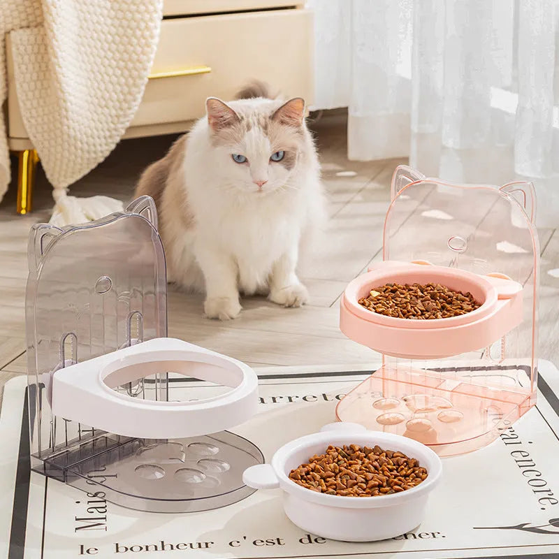 Grey cat ear pet feeding bowl in adjustable hanging cage with anti-spill design