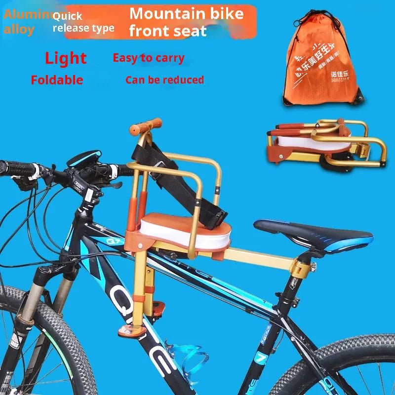 Aluminium alloy front-mounted folding child seat for shared bicycle in yellow with armrest