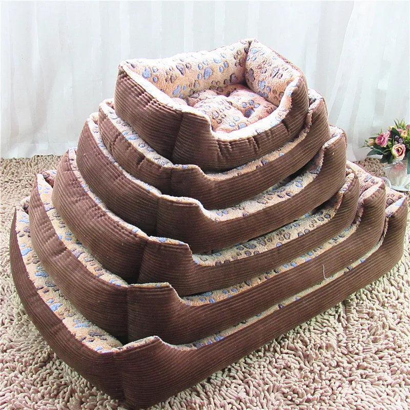 Plush fabric dog bed with foam cushion in beige, camel, or pink colour options