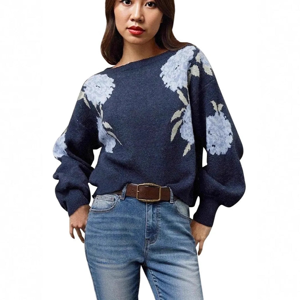 Sapphire blue women's loose pullover sweater with a detailed woven floral jacquard pattern and off-neck design.