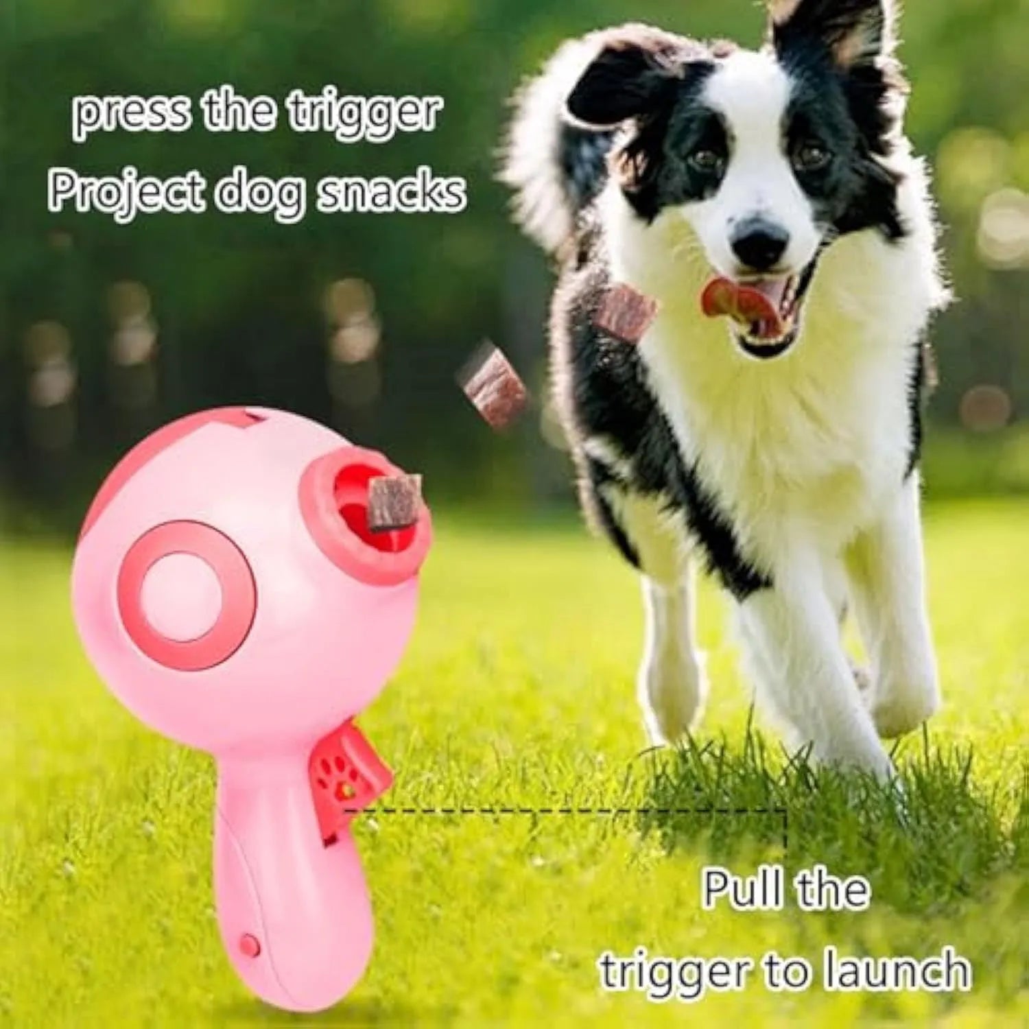 Green pet treat launchers toy showing treat dispensing mechanism and remote feeding function