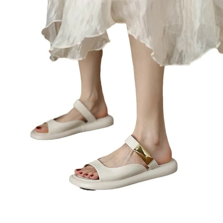 Women's apricot soft leather platform sandals with peep toe and flat rubber sole.