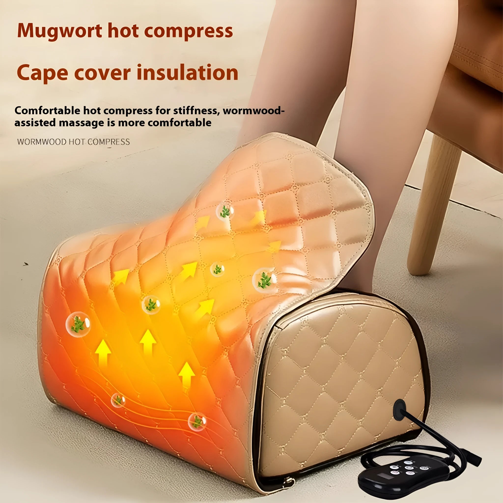 Automatic electric foot massager machine in gold colour with remote control on a wooden floor