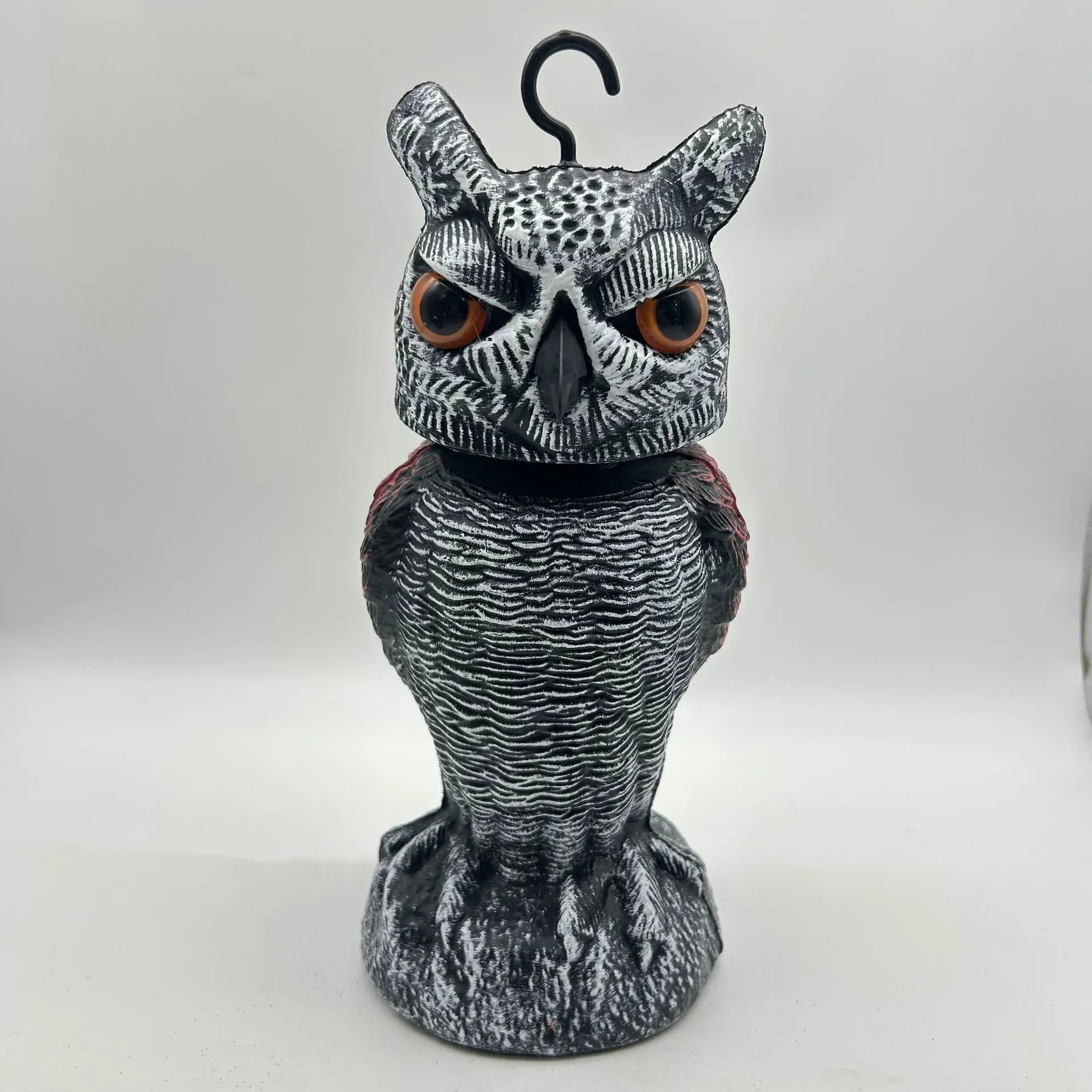 PE plastic artificial owl bird scarer ornament with shaking head, shown in bag-style mounting option.