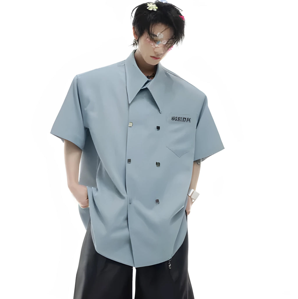 Men's loose short-sleeved summer shirt in black colour with decorative splicing details