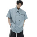 Men's loose short-sleeved summer shirt in black colour with decorative splicing details