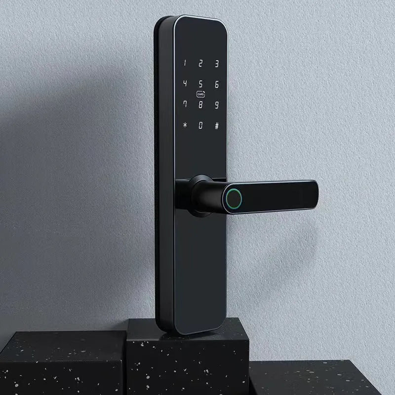 Alloy wooden door fingerprint lock in black finish for keyless entry home security