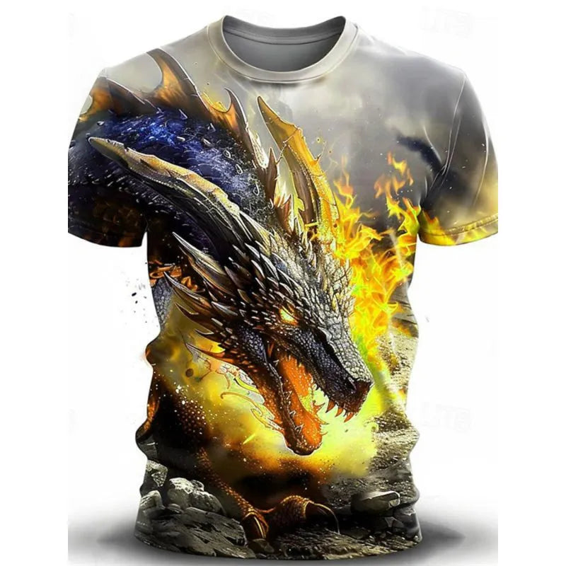 Man wearing a casual short-sleeved T-shirt with a large, detailed 3D wind dragon graphic print on the front.