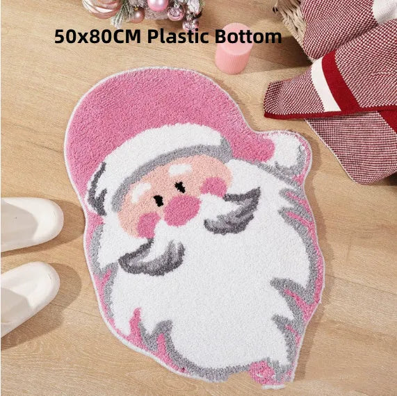 Square Christmas-themed hallway mat with non-slip backing on a wooden floor.