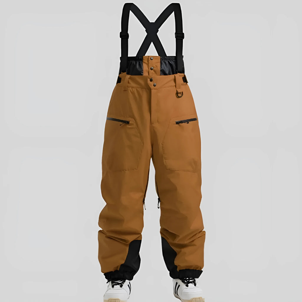 Men's black waterproof ski trousers with thickened straps made from flame retardant linen fabric
