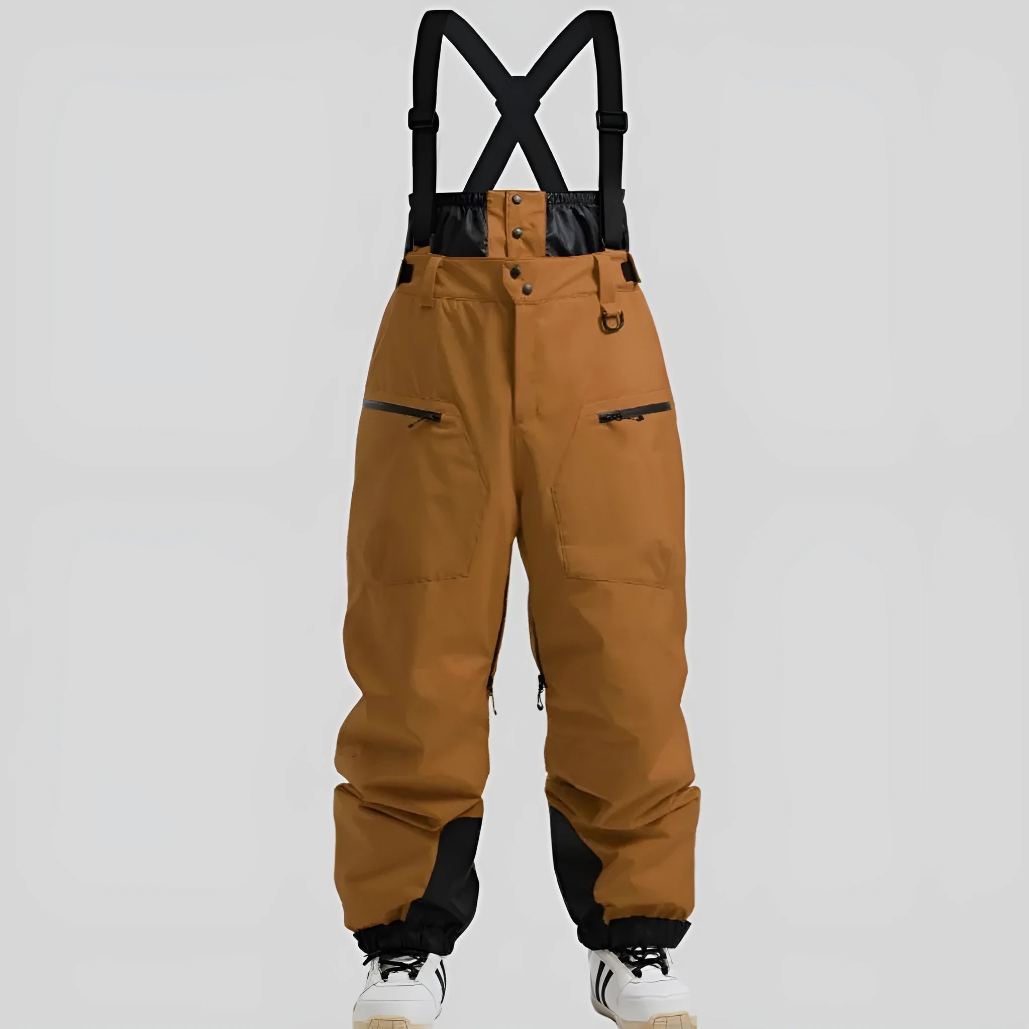Men's black waterproof ski trousers with thickened straps made from flame retardant linen fabric