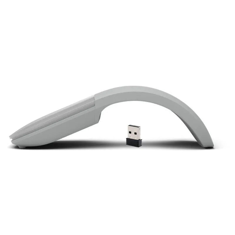 Folding wireless Bluetooth mouse showing compact design with touch surface and portable folded position