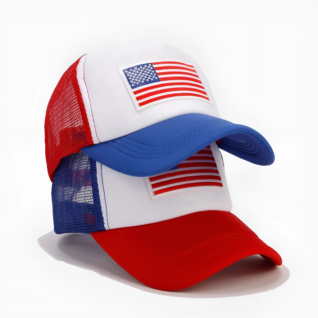Red and blue contrast adjustable mesh baseball cap with dome crown construction