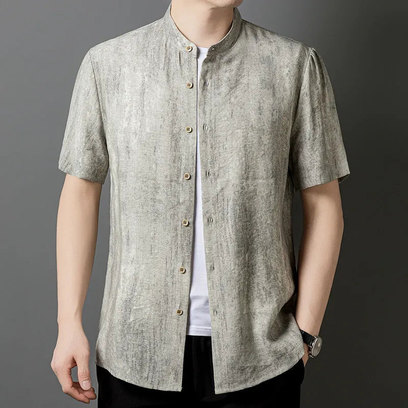 Men's loose fit linen blend shirt with stand collar in black grey colour