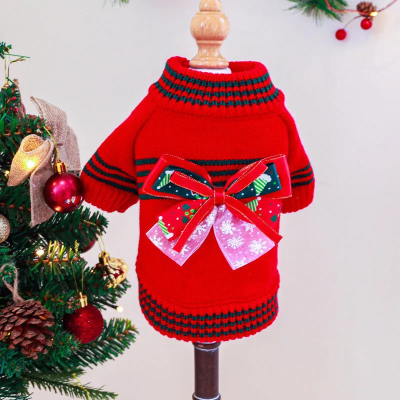 Red Christmas dog jumper on small pet with festive design and proper fitting
