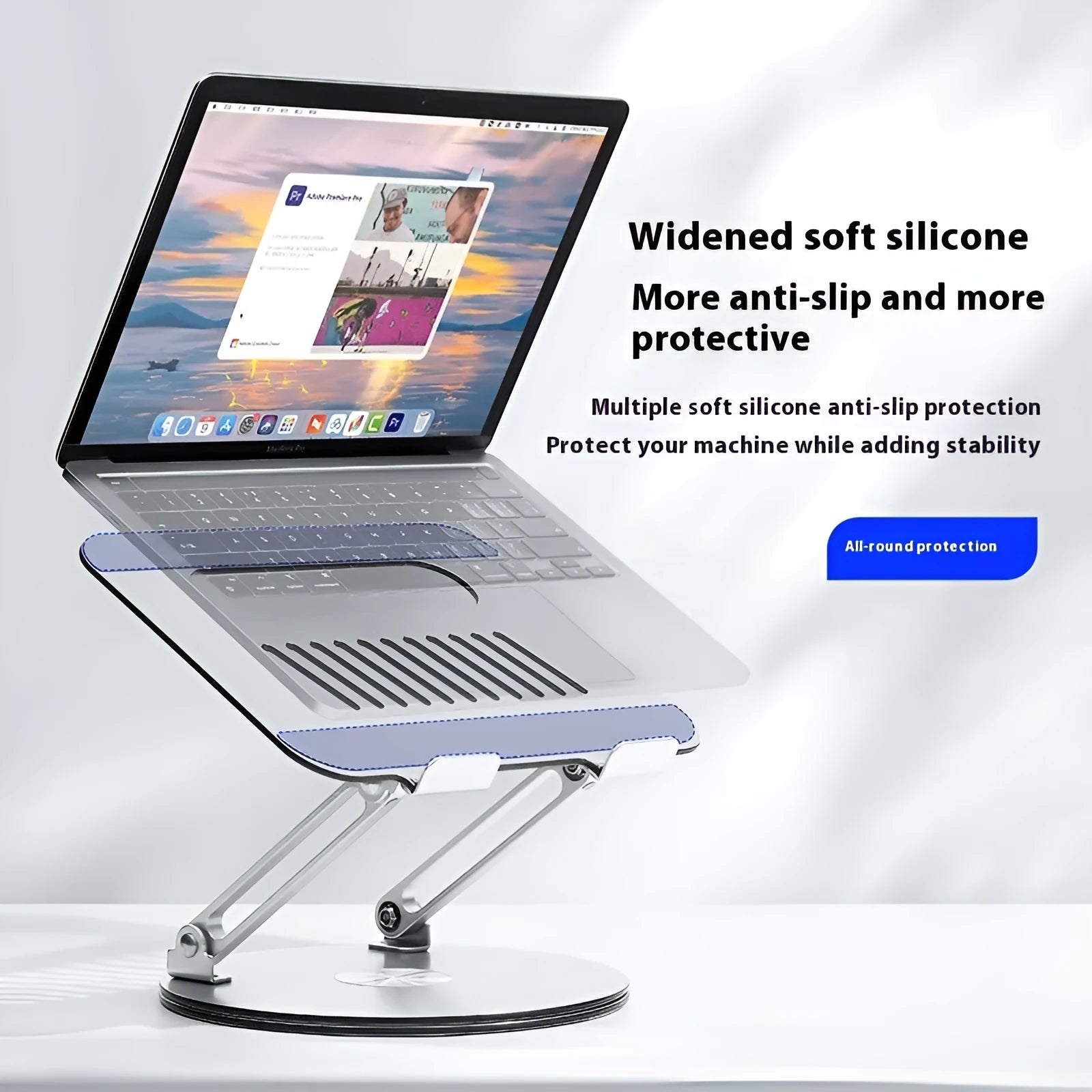Silver aluminium alloy laptop stand with foldable rotatable design