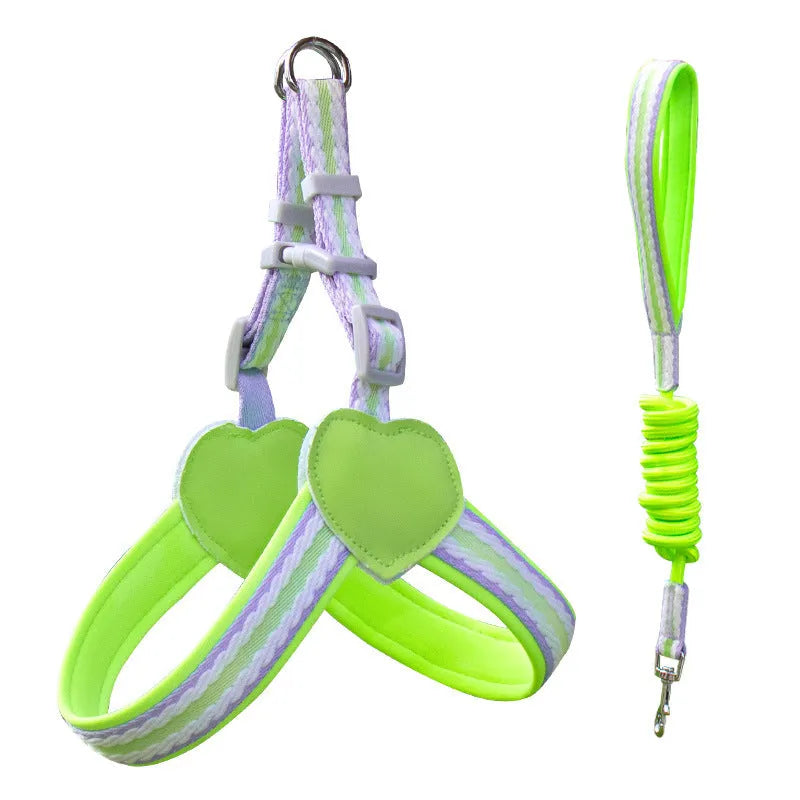 Nylon dog walking chest strap vest with hand-held rope in emerald green
