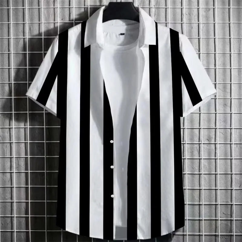 Men's linen short sleeve T-shirt with a 3D printed striped graphic design on the front.