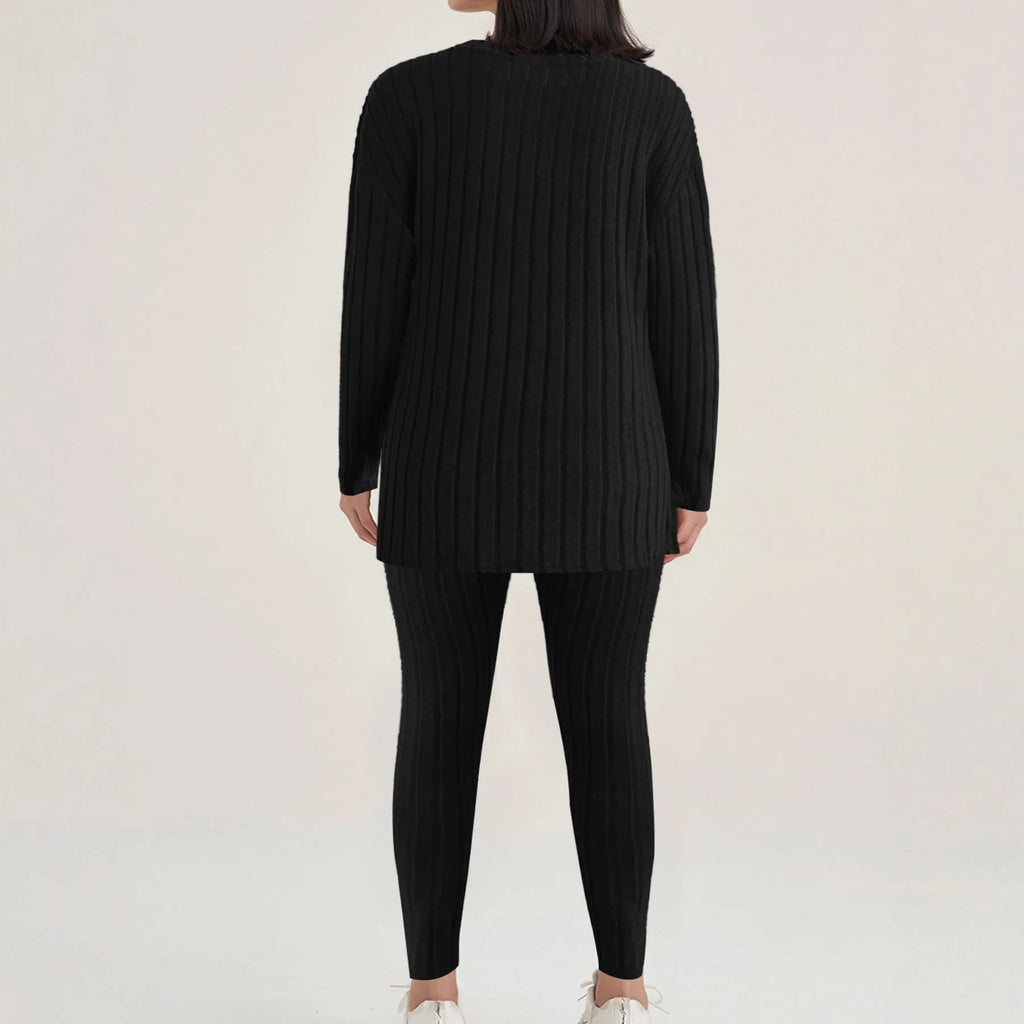 Women's black sunken stripe two-piece homewear set with a regular sleeve top and trousers.