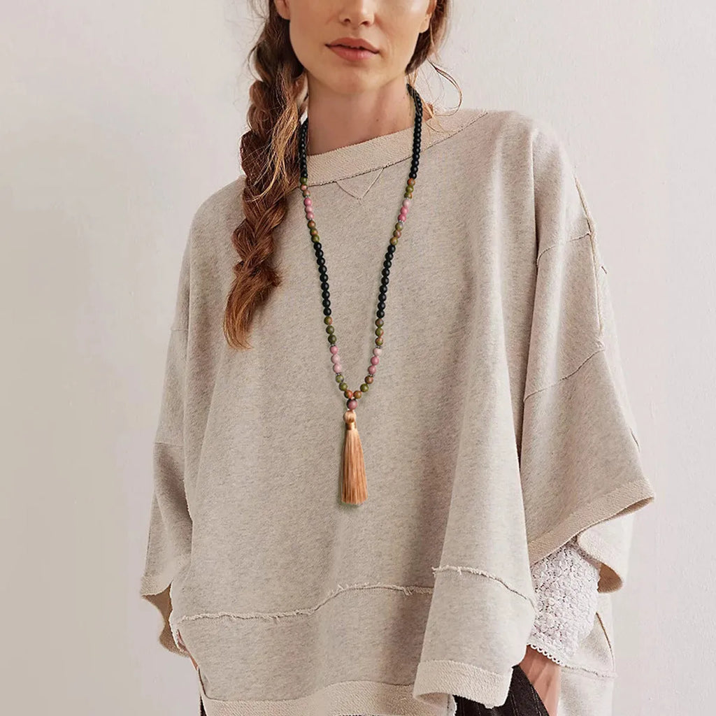 Handmade natural stone bead necklace with tassel pendant in bohemian style