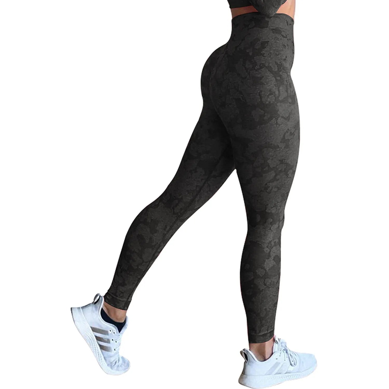 Women's high-waisted push up booty leggings in a camouflage print for fitness and yoga.