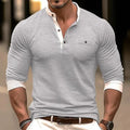 Men's solid colour long sleeve cotton t-shirt on hanger in grey, shown in Asian sizes S to XXXL.
