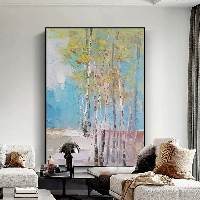 Hand-painted abstract birch forest landscape oil painting on canvas, vertical, rolled and frameless