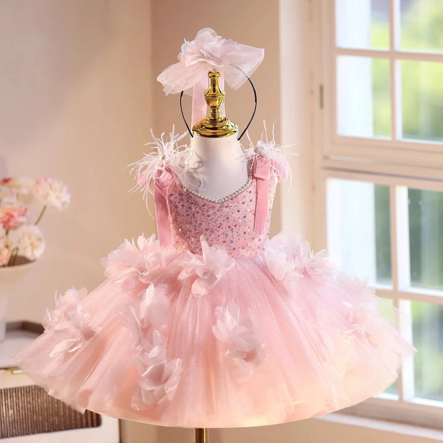 Pink Polyester girls piano playing umbrella princess dress for heights 80cm to 150cm