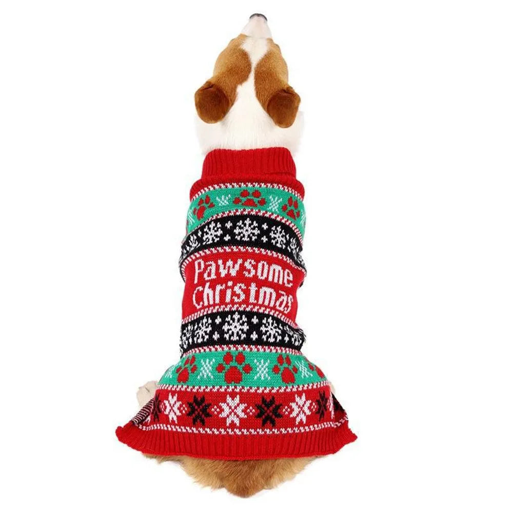 Red high-necked acrylic dog sweater on a pet, sizes XS to XL