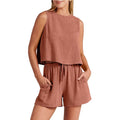 Women's summer two-piece set with sleeveless rayon linen top and matching drawstring shorts
