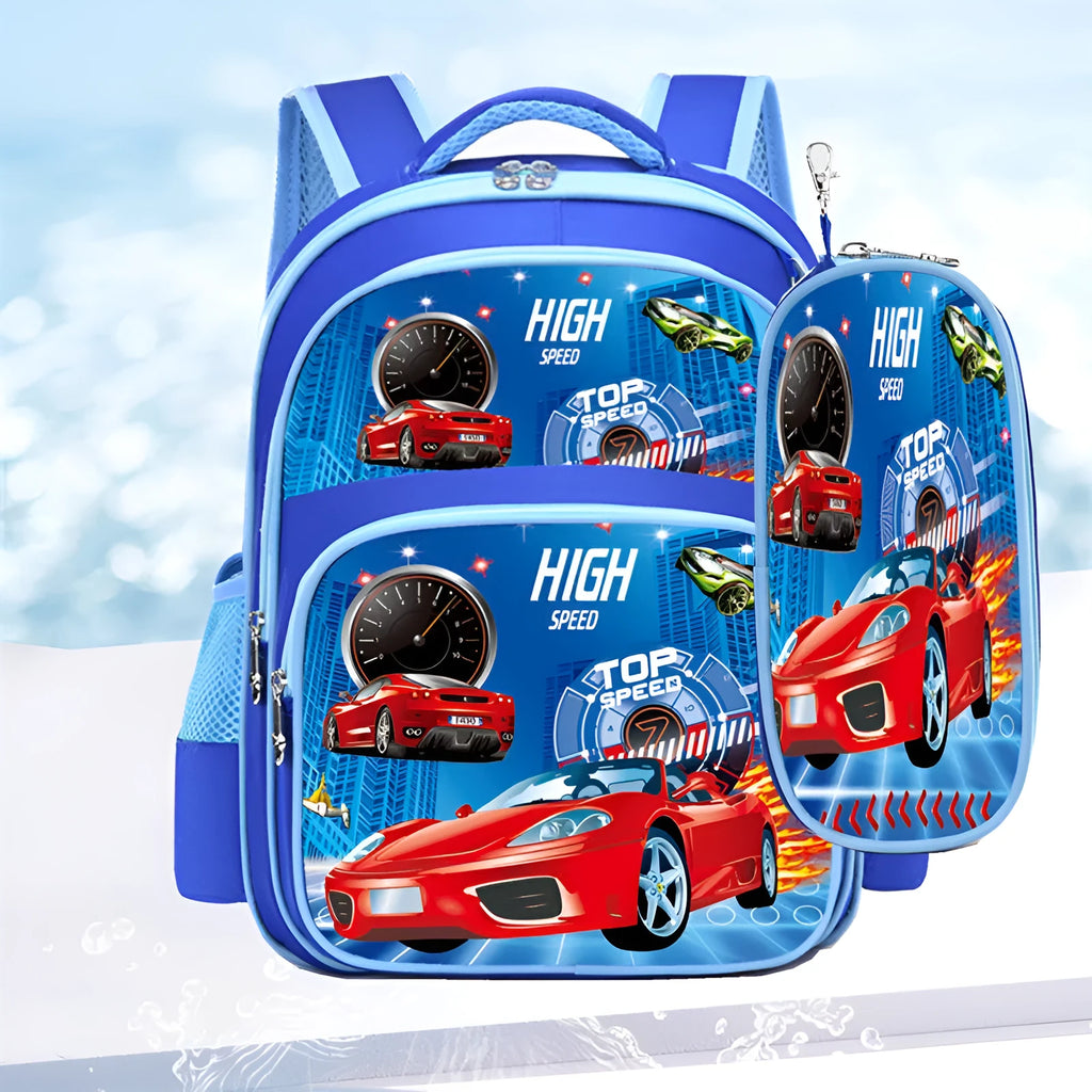 Blue cartoon anime print school backpack with double straps and matching pencil case for students