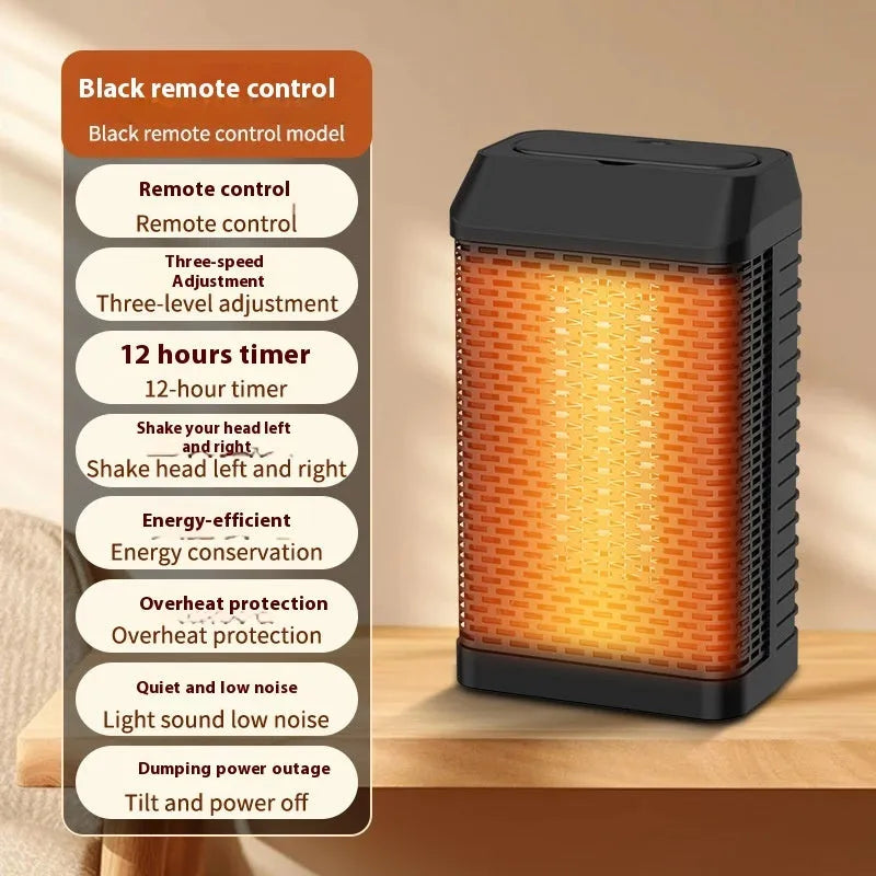 Black smart desktop heater with remote control on a wooden desk.