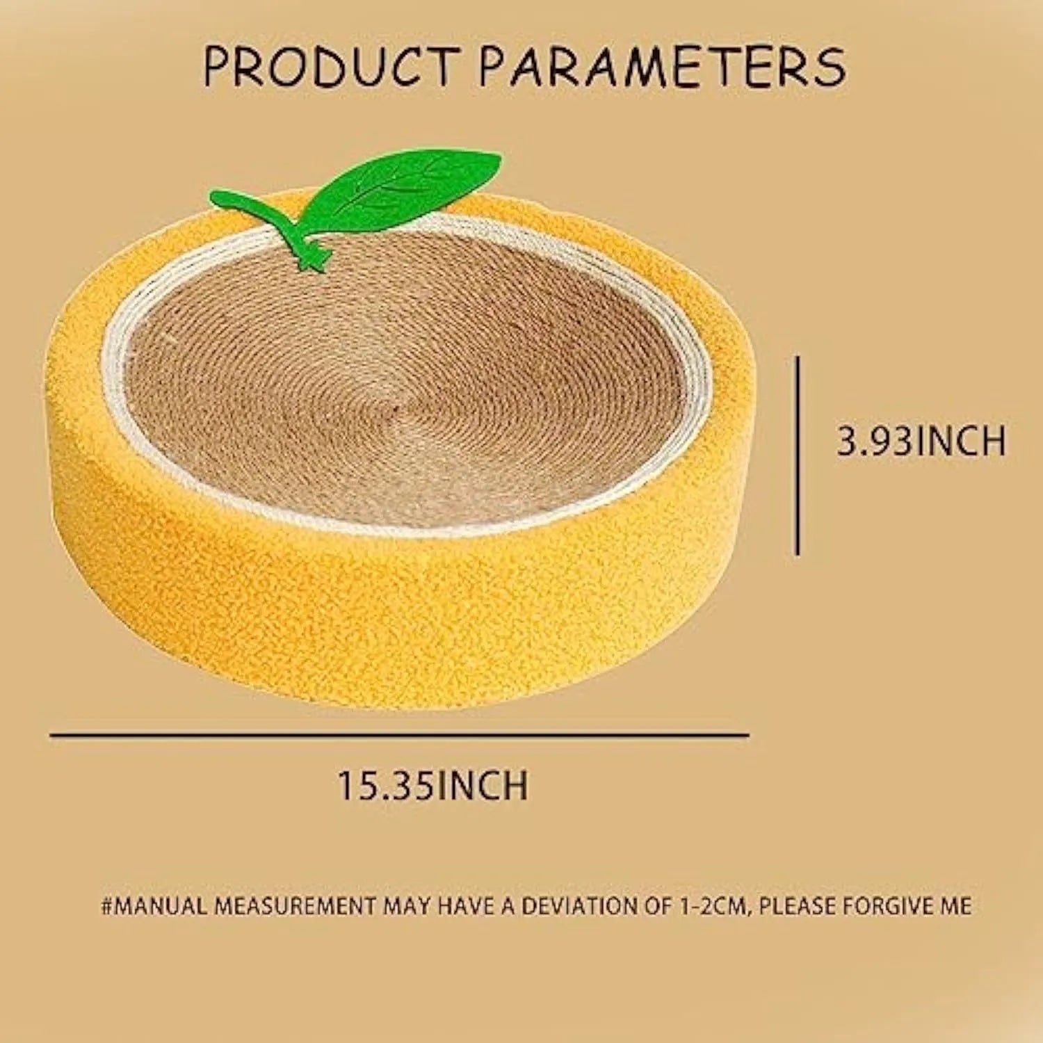 Yellow round cat scratching board made from sisal rope with concave centre for sleeping