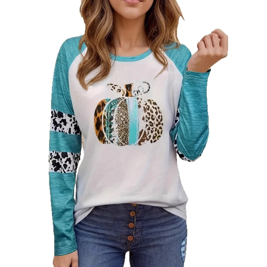 Sky blue Halloween T-shirt with 3D digital printed pumpkin design, long sleeves and polyester fabric